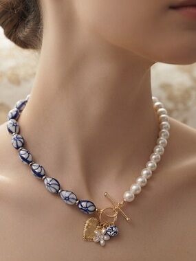 MIA CHARRO Pearl & Ceramic Bead Toggle Necklace 19” Blue/Gold NWT